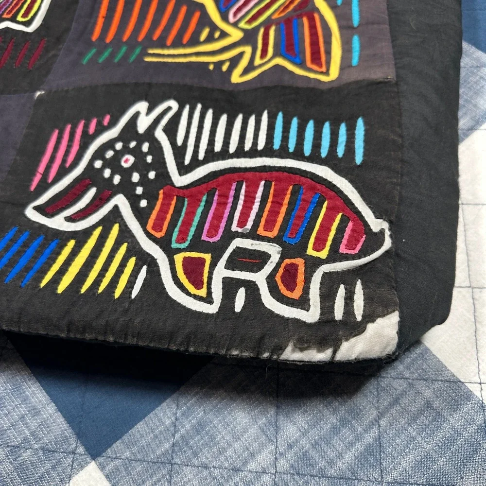 Vintage Mola Applique Tote Bag Handcrafted Folk Art Animal Bird Black Cotton